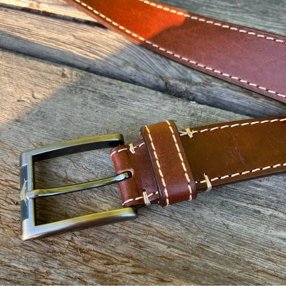 Tommy Bahama Tan Leather Belt Silver Buckle Size 36